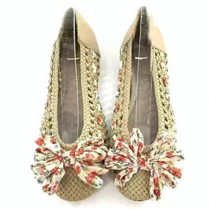 Restricted womens flats size 6 taupe leather floral scarf bow ballet granny core